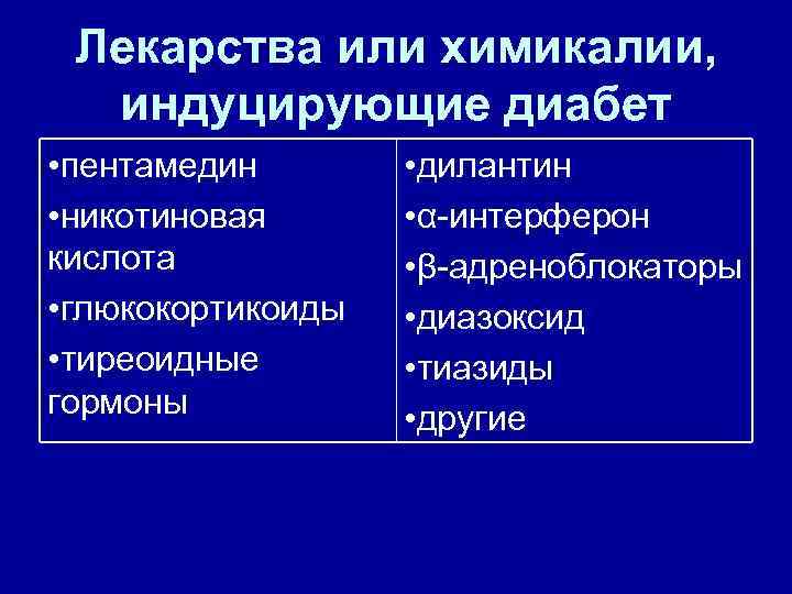 Лекарства или химикалии, индуцирующие диабет • пентамедин • никотиновая кислота • глюкокортикоиды • тиреоидные