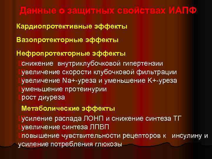 Данные о защитных свойствах ИАПФ Кардиопротективные эффекты Вазопротекторные эффекты Нефропротекторные эффекты Шснижение внутриклубочковой гипертензии