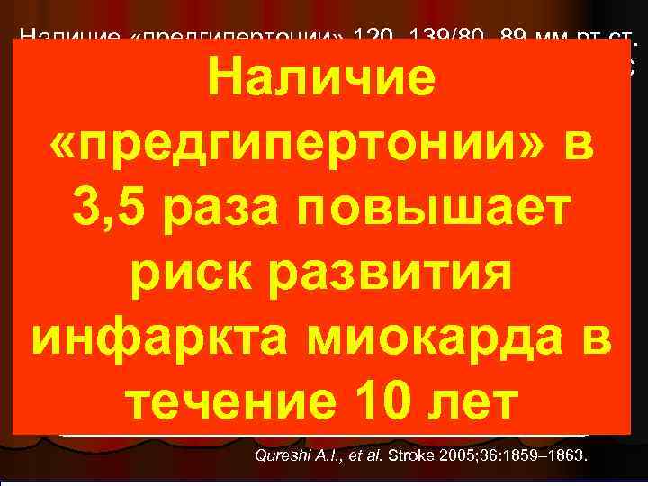 Наличие «предгипертонии» 120– 139/80– 89 мм рт. ст. Наличие Повышает риск развития инфаркта миокарда