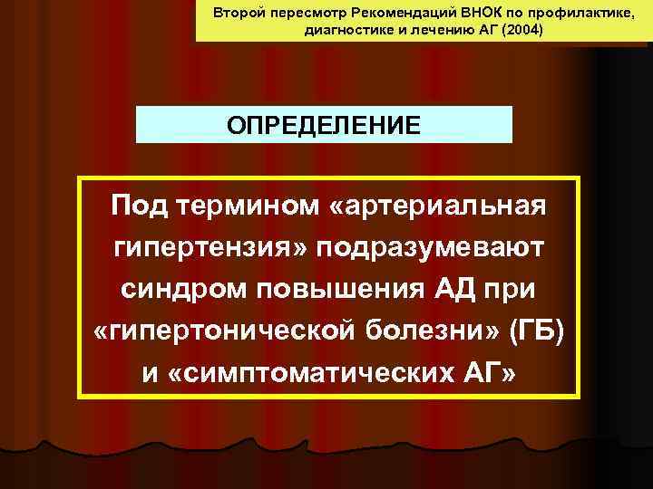  Второй пересмотр Рекомендаций ВНОК по профилактике, диагностике и лечению АГ (2004) ОПРЕДЕЛЕНИЕ Под