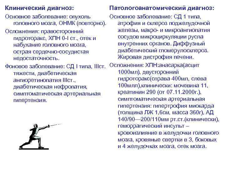 Клинический диагноз: Патологоанатомический диагноз: Основное заболевание: опухоль Основное заболевание: СД 1 типа, головного мозга,