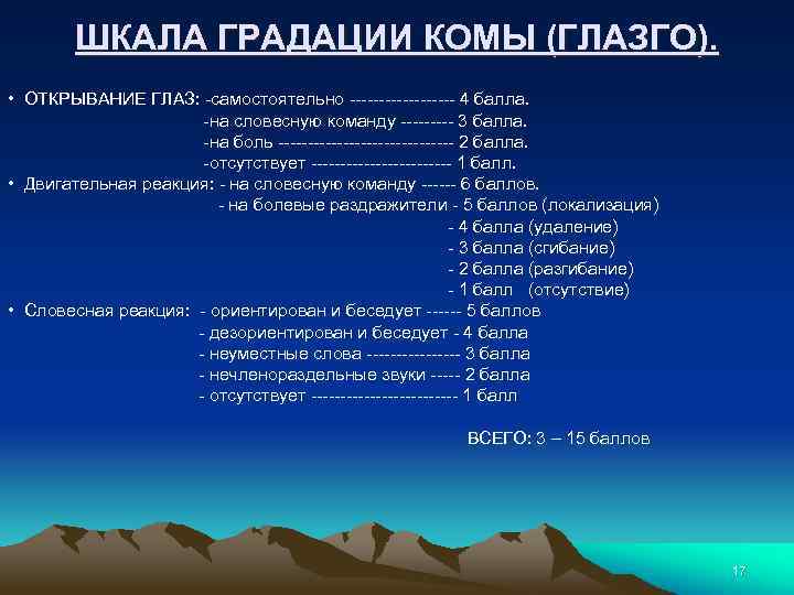 ШКАЛА ГРАДАЦИИ КОМЫ (ГЛАЗГО). • ОТКРЫВАНИЕ ГЛАЗ: -самостоятельно --------- 4 балла. -на словесную команду