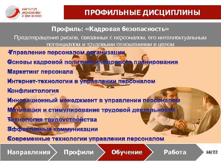 ПРОФИЛЬНЫЕ ДИСЦИПЛИНЫ Профиль: «Кадровая безопасность» Предотвращение рисков, связанных с персоналом, его интеллектуальным потенциалом и