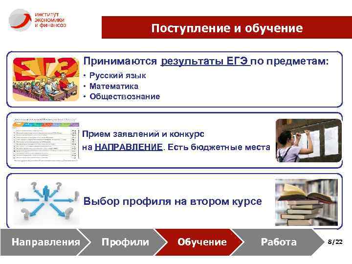 Поступление и обучение Принимаются результаты ЕГЭ по предметам: • Русский язык • Математика •