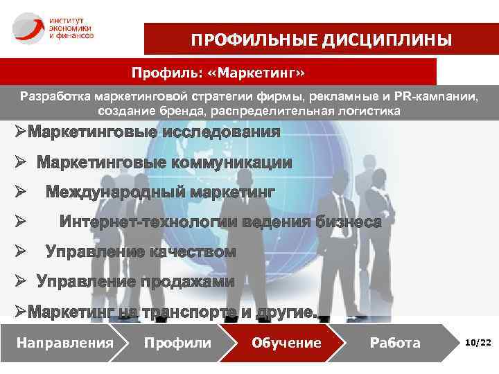 ПРОФИЛЬНЫЕ ДИСЦИПЛИНЫ Профиль: «Маркетинг» Разработка маркетинговой стратегии фирмы, рекламные и PR-кампании, создание бренда, распределительная