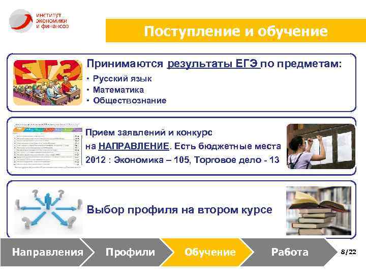 Поступление и обучение Принимаются результаты ЕГЭ по предметам: • Русский язык • Математика •
