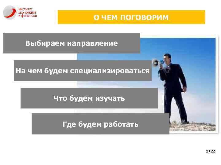 О ЧЕМ ПОГОВОРИМ Выбираем направление На чем будем специализироваться Что будем изучать Где будем