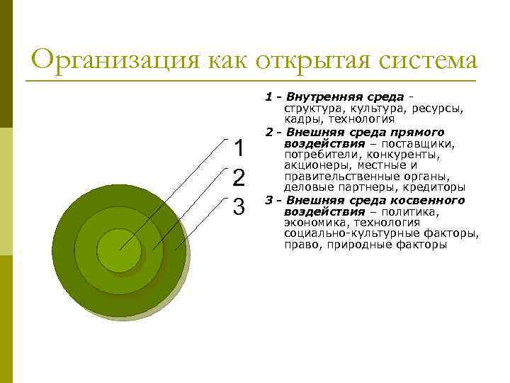 Организация как открытая система 1 2 3 1 - Внутренняя среда структура, культура, ресурсы,
