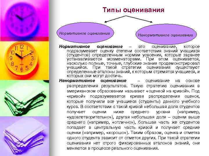 Типы оценивания Нормативное оценивание Ненормативное оценивание Нормативное оценивание – это оценивание, которое подразумевает оценку