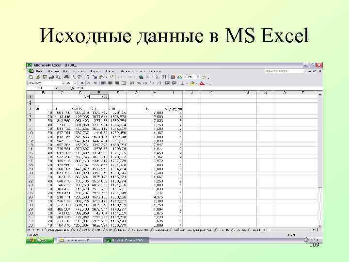 Исходные данные в MS Excel 109 