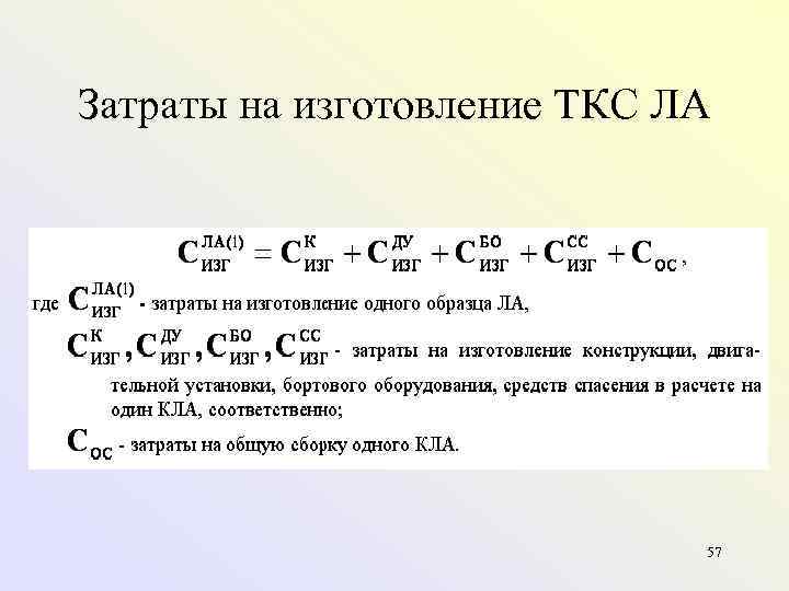 Затраты на изготовление ТКС ЛА 57 