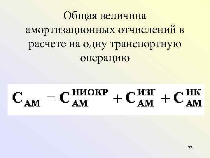 Общая величина амортизационных отчислений в расчете на одну транспортную операцию 72 