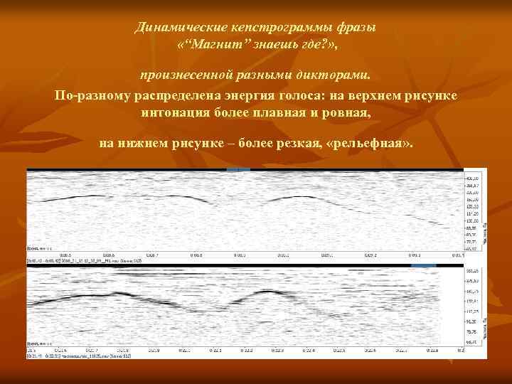 Динамические кепстрограммы фразы «“Магнит” знаешь где? » , произнесенной разными дикторами. По-разному распределена энергия