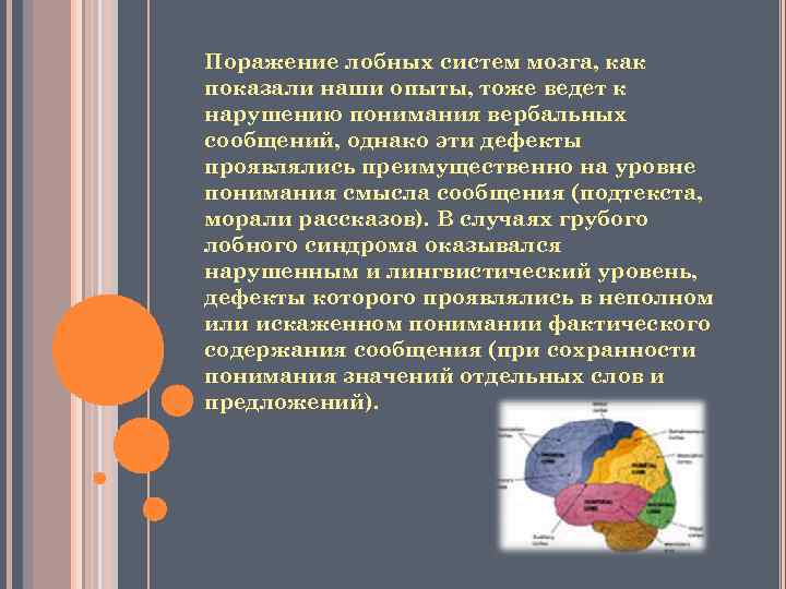 Поражение лобных систем мозга, как показали наши опыты, тоже ведет к нарушению понимания вербальных