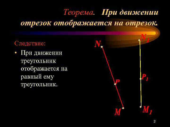 Теорема. При движении отрезок отображается на отрезок. Следствие: • При движении треугольник отображается на