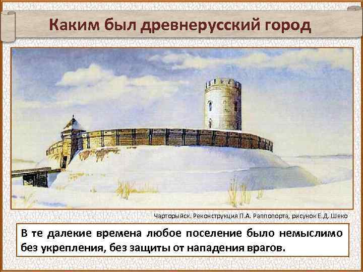 Каким был древнерусский город Чарторыйск. Реконструкция П. А. Раппопорта, рисунок Е. Д. Шеко В