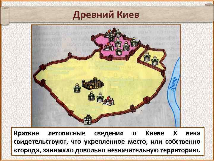 Древний Киев Краткие летописные сведения о Киеве X века свидетельствуют, что укрепленное место, или
