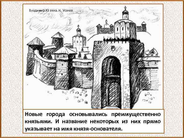 Владимир XII века. Н. Усачев Новые города основывались преимущественно князьями. И название некоторых из