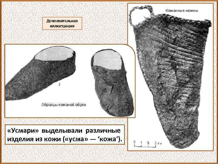 Кожанные ножны Дополнительная иллюстрация Образцы кожаной обуви «Усмари» выделывали различные изделия из кожи (