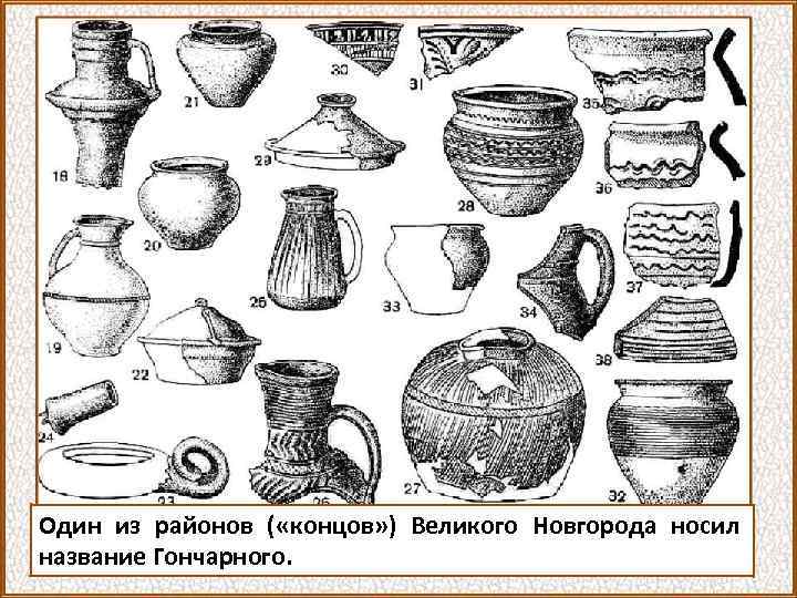 Один из районов ( «концов» ) Великого Новгорода носил название Гончарного. 