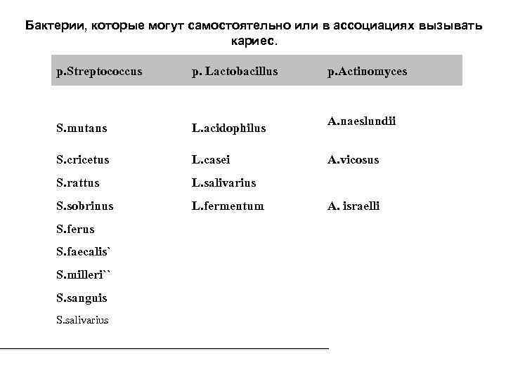 Бактерии, которые могут самостоятельно или в ассоциациях вызывать кариес. р. Streptococcus р. Lactobacillus S.