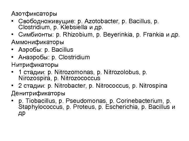 Азотфиксаторы • Свободноживущие: p. Azotobacter, p. Bacillus, p. Clostridium, p. Klebsiella и др. •