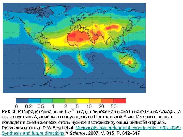 Рис. 3. Распределение пыли (г/м 2 в год), приносимой в океан ветрами из Сахары,