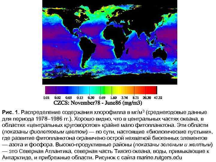 Рис. 1. Распределение содержания хлорофилла в мг/м 3 (среднегодовые данные для периода 1978– 1986