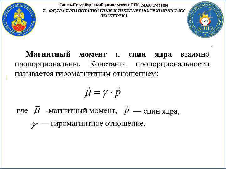 Магнитный момент и спин ядра взаимно пропорциональны. Константа пропорциональности называется гиромагнитным отношением: где магнитный