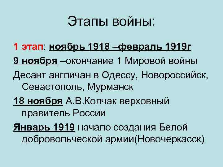 Этапы войны: 1 этап: ноябрь 1918 –февраль 1919 г 9 ноября –окончание 1 Мировой