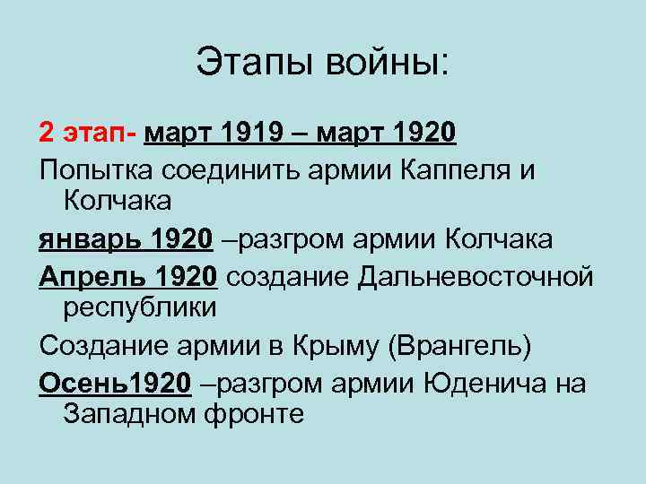 Этапы войны: 2 этап- март 1919 – март 1920 Попытка соединить армии Каппеля и
