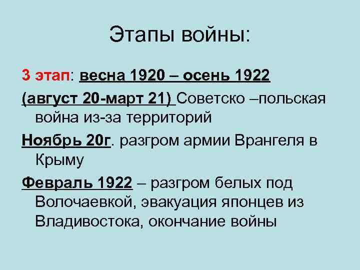 Этапы войны: 3 этап: весна 1920 – осень 1922 (август 20 -март 21) Советско