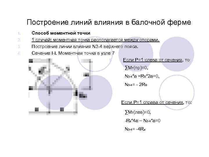 Построение линий влияния в балочной ферме 1. 2. 3. 4. Способ моментной точки 1
