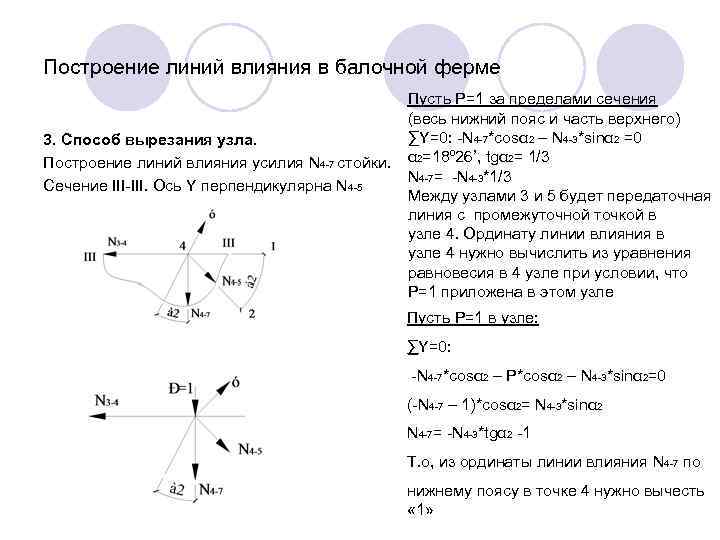 Построение линий влияния в балочной ферме 3. Способ вырезания узла. Построение линий влияния усилия