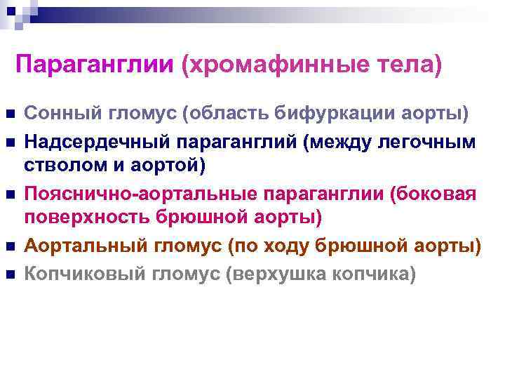 Параганглии (хромафинные тела) n n n Сонный гломус (область бифуркации аорты) Надсердечный параганглий (между