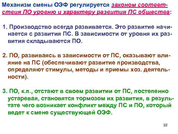 Механизм смены ОЭФ регулируется законом соответ- ствия ПО уровню и характеру развития ПС общества: