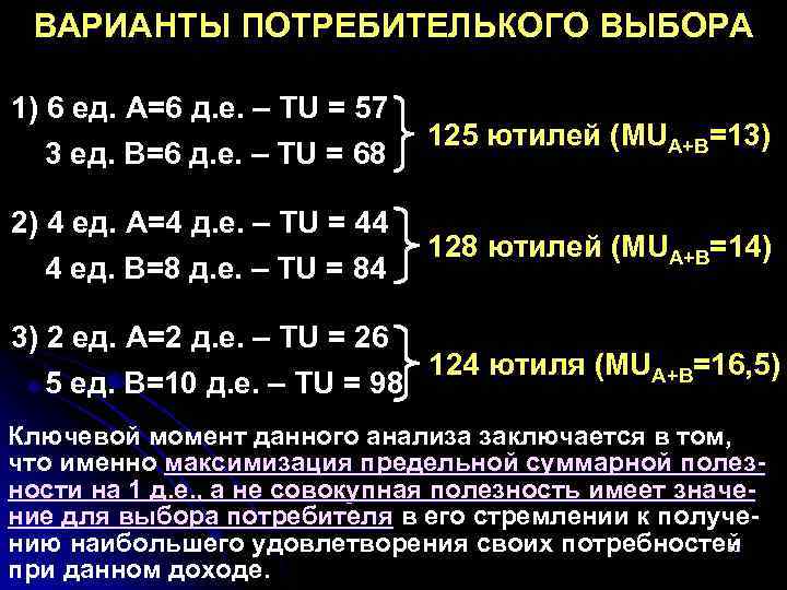  ВАРИАНТЫ ПОТРЕБИТЕЛЬКОГО ВЫБОРА 1) 6 ед. А=6 д. е. – TU = 57