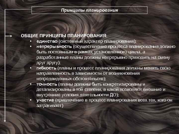 Принципы планирования ОБЩИЕ ПРИНЦИПЫ ПЛАНИРОВАНИЯ: • единство (системный характер планирования); • непрерывность (осуществление процесса