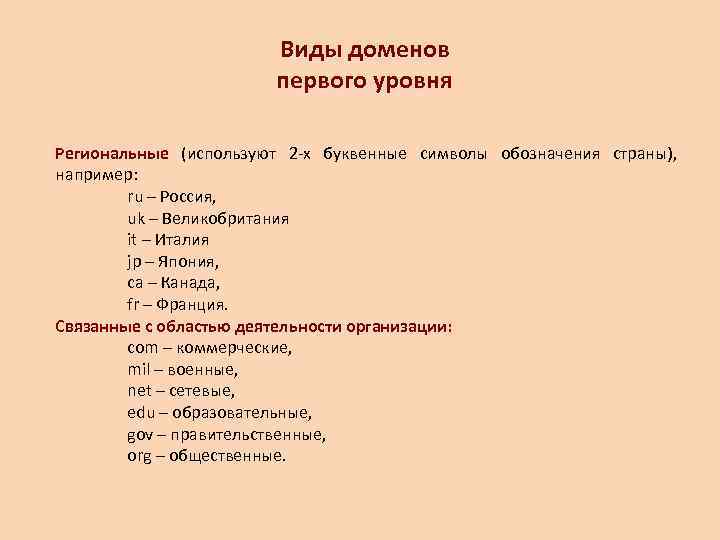      Виды доменов      первого уровня