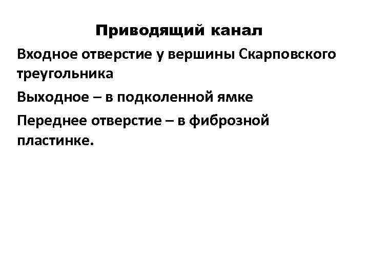   Приводящий канал Входное отверстие у вершины Скарповского треугольника Выходное – в
