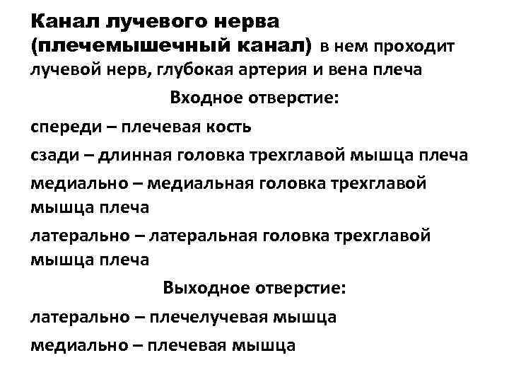 Канал лучевого нерва (плечемышечный канал) в нем проходит лучевой нерв, глубокая артерия и вена