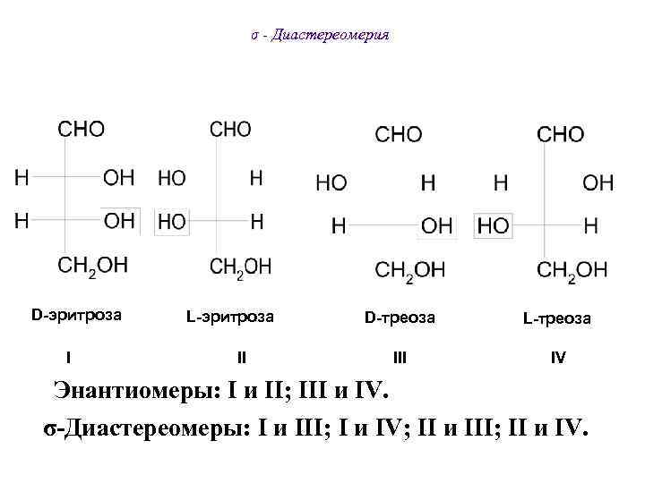     σ - Диастереомерия D-эритроза  L-эритроза   D-треоза L-треоза