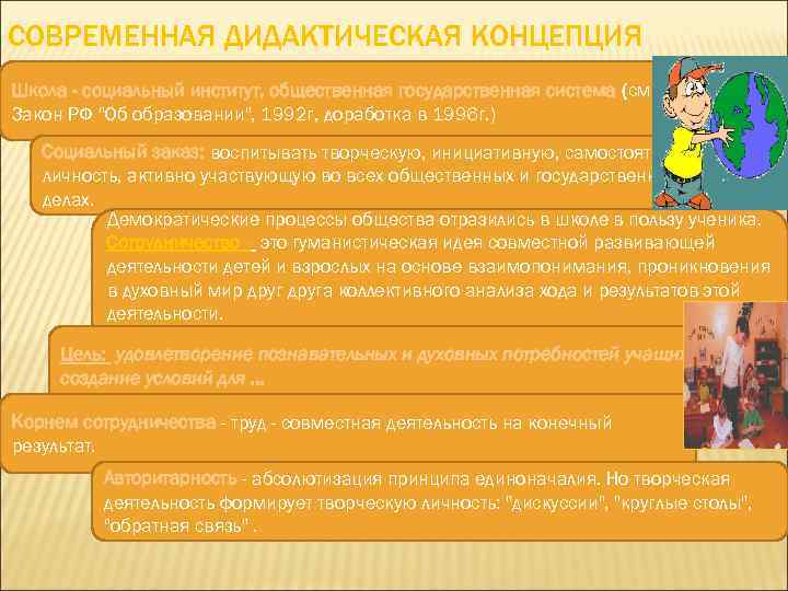 СОВРЕМЕННАЯ ДИДАКТИЧЕСКАЯ КОНЦЕПЦИЯ Школа - социальный институт, общественная государственная система (см.   Закон