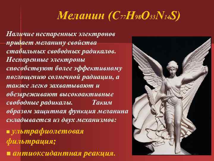 Меланин (С 77 Н 98 О 33 N 14 S) Наличие Меланин (С 77 Н 98 О 33 N 14 S) Наличие