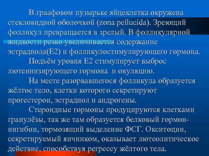  В граафовом пузырьке яйцеклетка окружена стекловидной оболочкой (zona pellucida). Зреющий фолликул превращается в