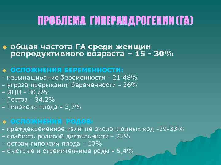    ПРОБЛЕМА ГИПЕРАНДРОГЕНИИ (ГА) u  общая частота ГА среди женщин репродуктивного