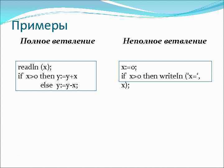 Примеры Полное ветвление Неполное ветвление  readln (x);  x: =0; if x>0 then