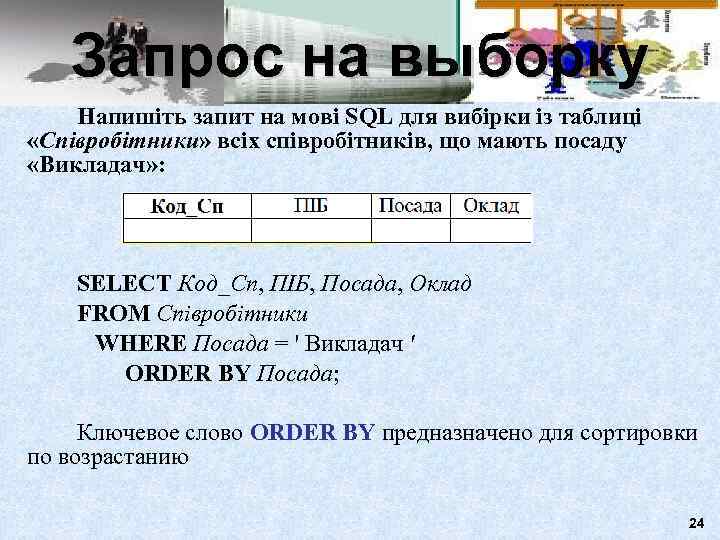   Запрос на выборку Напишіть запит на мові SQL для вибірки із таблиці