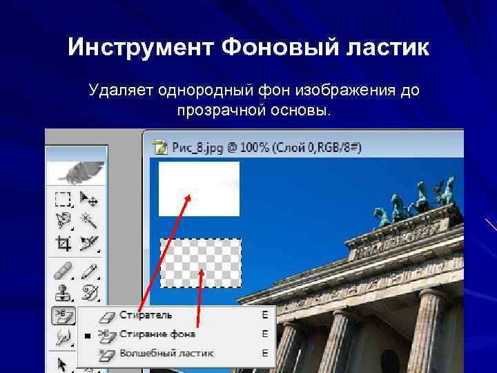 Инструмент Фоновый ластик Удаляет однородный фон изображения до прозрачной основы. Инструмент Фоновый ластик Удаляет однородный фон изображения до прозрачной основы.