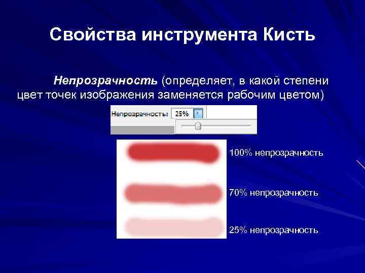 Свойства инструмента Кисть Непрозрачность (определяет, в какой степени цвет точек изображения заменяется Свойства инструмента Кисть Непрозрачность (определяет, в какой степени цвет точек изображения заменяется
